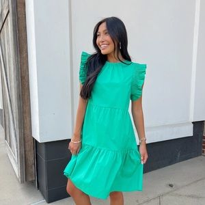 Green Poplin Tiered Dress with key hole closure and smocked sleeves medium
